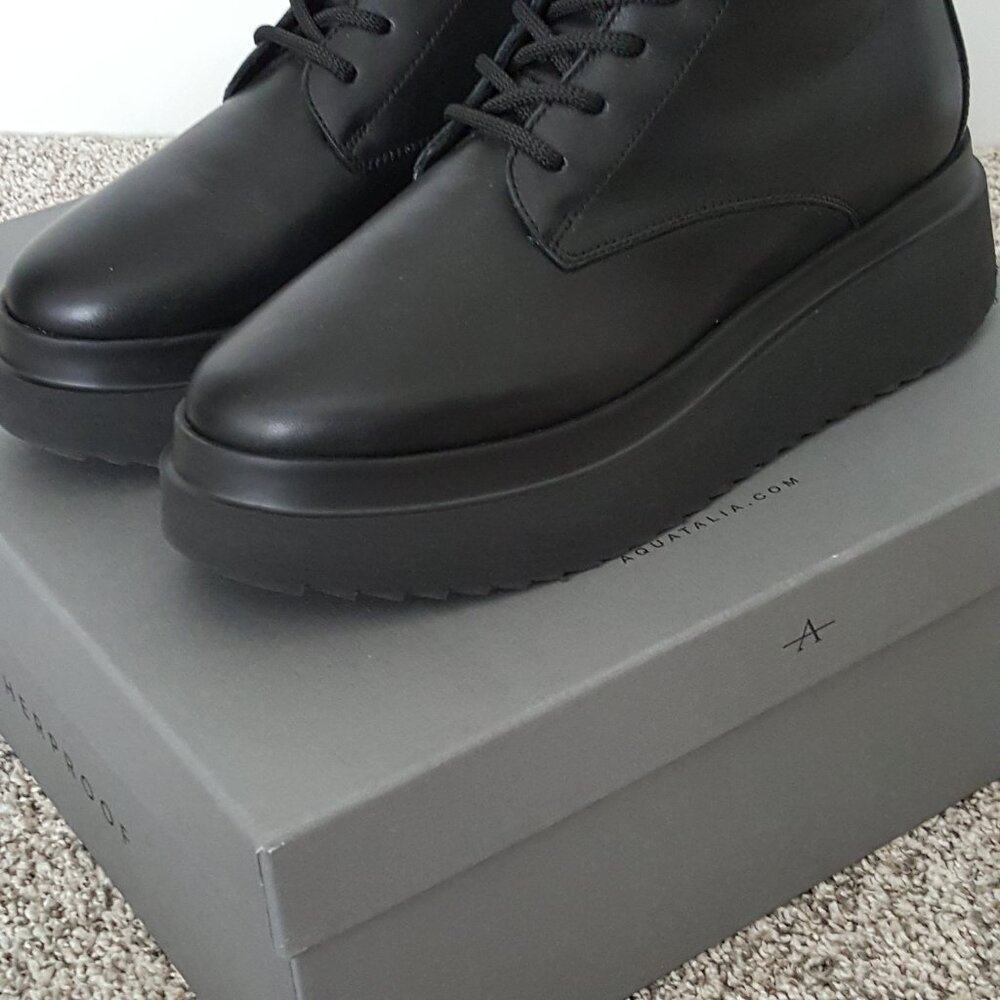 Aquatalia Ornella Boot 9.5 Platform Black Leather Weatherproof Moto Combat Lace - Picture 15 of 15